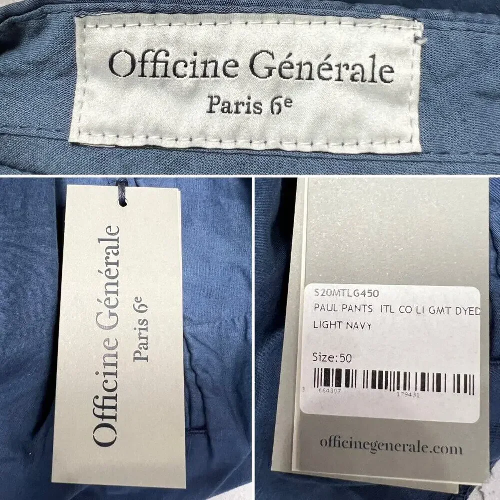 Officine Generale Paul Pant SIZE 50 US 33 Navy Cotton Linen Unhemmed Trouser